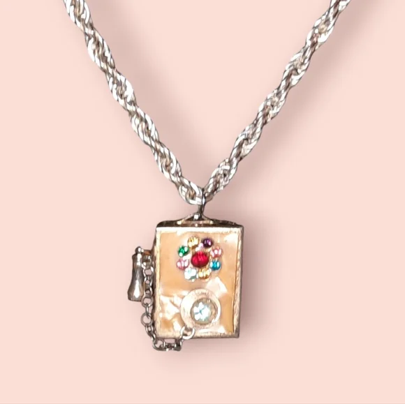 Vintage trinket, pill box Old Timey phone rhinestone pendant and charm - Picture 3 of 16
